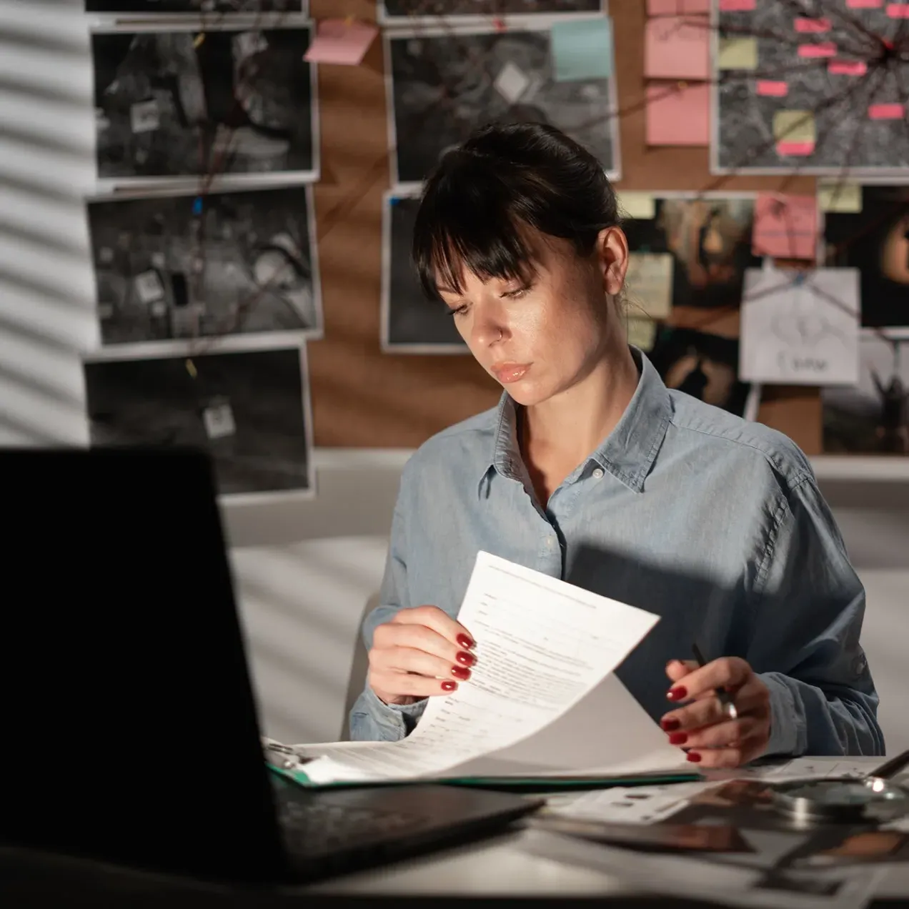 A female investigator in a denim shirt reviews case documents at her desk, with a crime investigation board covered in photos, maps, and notes pinned with red string in the background.